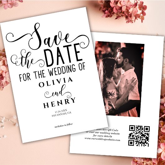 Moderne Elegante Kalligrafie Script Foto QR Code Save The Date