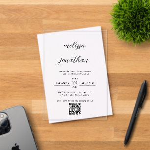 Moderne elegante kalligrafie script QR Code Weddin Acryl Uitnodigingen