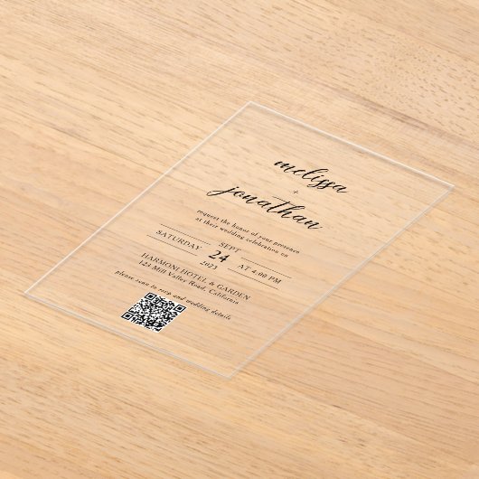 Moderne elegante kalligrafie script QR Code Weddin Acryl Uitnodigingen (Laagn)