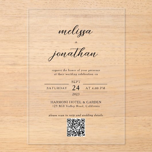 Moderne elegante kalligrafie script QR Code Weddin Acryl Uitnodigingen (Voorkant)