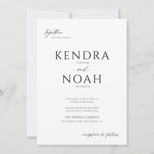 Moderne elegante kalligrafie wit en zwart bruiloft kaart (Voorkant)