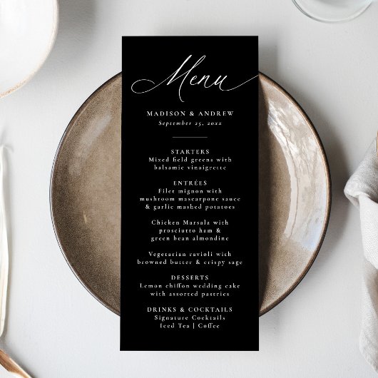 Moderne Elegante Kalligrafie Zwart-wit Bruiloft Menu