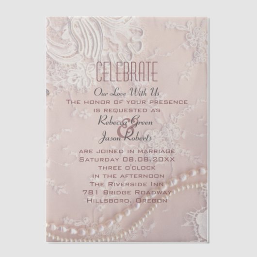 Moderne Elegante Kant Blush Stof Roze trouwjurk Vellum Uitnodigingen (Voorkant)