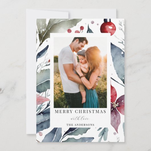 Moderne elegante kerst botanische foto feestdagenkaart (Voorkant)