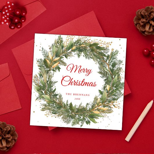 Moderne elegante kerst botanische groen krans feestdagenkaart