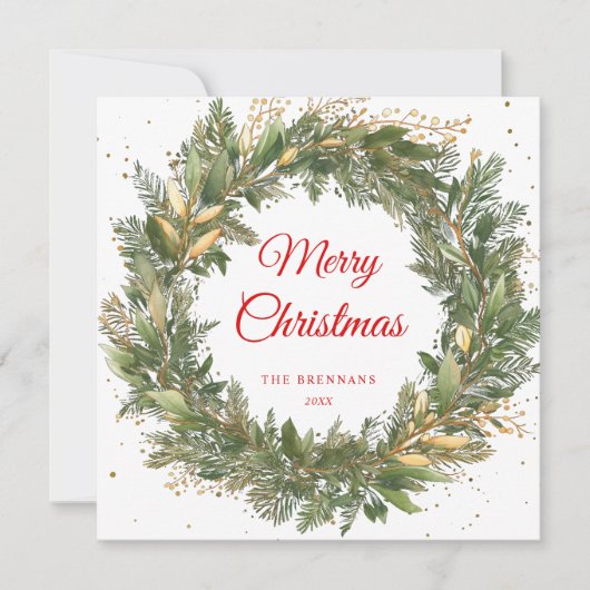 Moderne elegante kerst botanische groen krans feestdagenkaart (Voorkant)