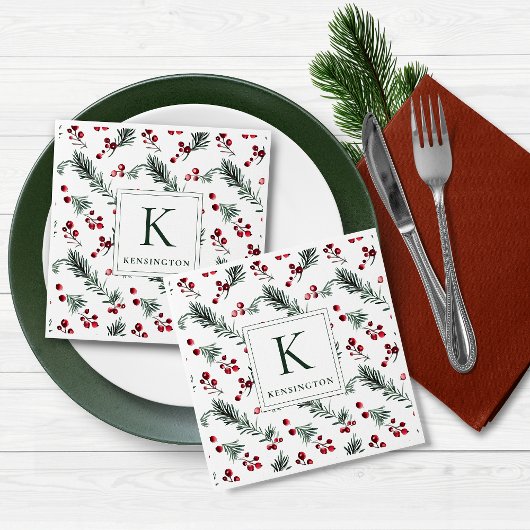 Moderne Elegante Kerst Botanische Monogram Servet