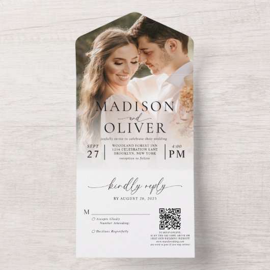 Moderne Elegante Klassieke QR Code Foto Bruiloft All In One Uitnodiging (Binnen)