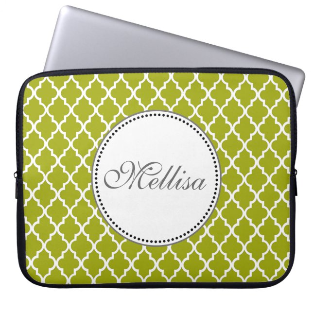 Moderne, elegante, koele limoen quatrefolomonogram laptop sleeve (Voorkant)