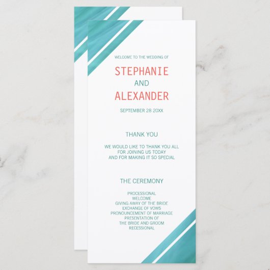 Moderne Elegante Koraal Blauwgroen bruiloft Programmakaart (Voorkant / Achterkant)