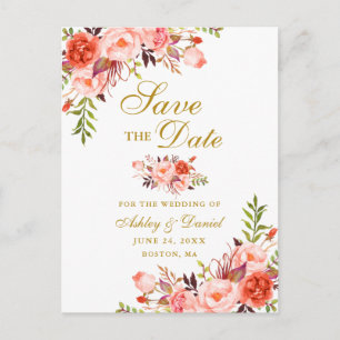 Moderne Elegante Koraal Bloem Goud Save the Date Aankondigingskaart