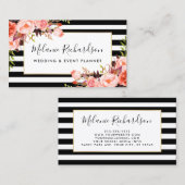Moderne Elegante Koraal Bloemen Zwart Gestreept Visitekaartje (Voorkant / Achterkant)