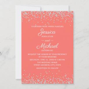 Moderne Elegante Koraal Zilveren Glitter Bruiloft Kaart