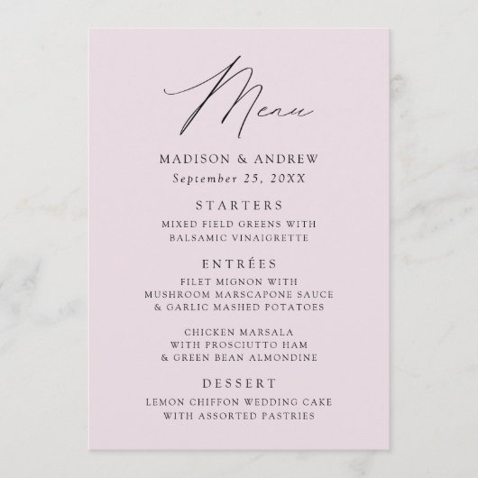 Moderne Elegante Lavendel Bruiloft Menu (Voorkant)