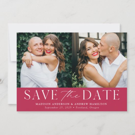 Moderne elegante magenta 2 foto save the date (Voorkant)