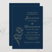 Moderne Elegante Marine blauw en goud Bloemen Huwe Kaart (Voorkant / Achterkant)
