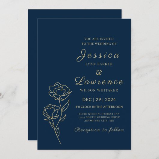 Moderne Elegante Marine blauw en goud Bloemen Huwe Kaart (Voorkant / Achterkant)