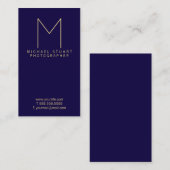 Moderne Elegante Marine Blauw en Goud Monogram Visitekaartje (Voorkant / Achterkant)