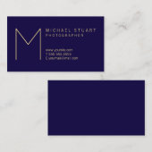 Moderne Elegante Marine Blauw en Goud Monogram Visitekaartje (Voorkant / Achterkant)
