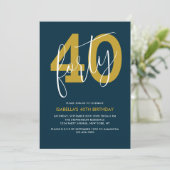 Moderne Elegante Marine Blauw Goud 40e Verjaardag Kaart (Staand voorkant)