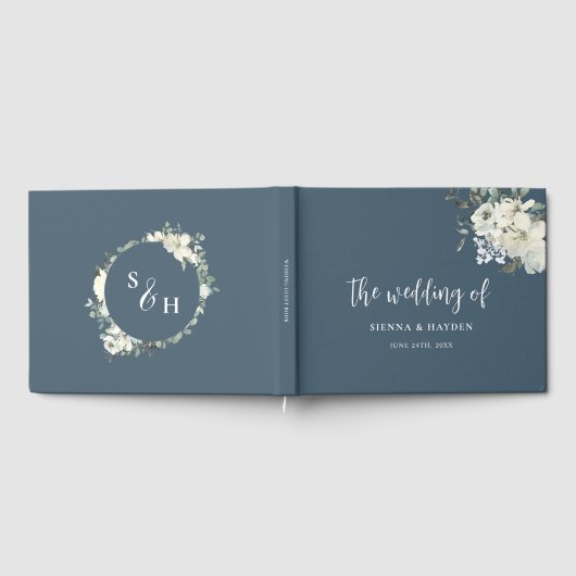 Moderne Elegante Marine Blauw Ivoor Bloemen Bruilo Gastenboek (Volledig)