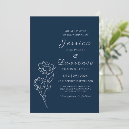 Moderne Elegante Marine Blauw Zilver Bloemen Huwel Kaart (Staand voorkant)