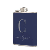 Moderne Elegante Marine Blauw Zilver Monogram Heupfles (Links)