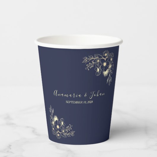 Moderne Elegante Marine Blauwe Bruiloft Papier Cup Papieren Bekers (Achterkant)