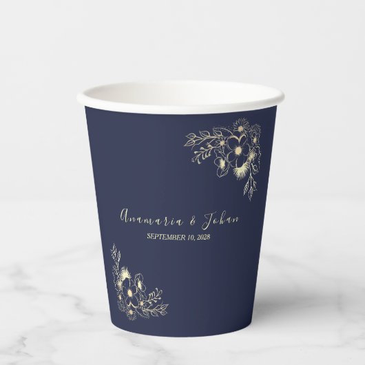 Moderne Elegante Marine Blauwe Bruiloft Papier Cup Papieren Bekers (Voorkant)