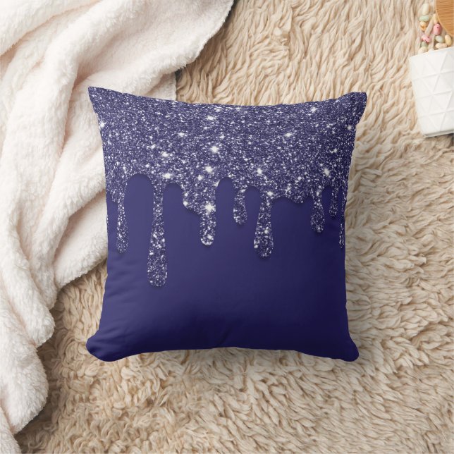 Moderne Elegante Marine Blauwe Glitter Druppelen Kussen (Deken)
