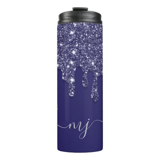 Moderne Elegante Marine Blauwe Glitter Druppelen Thermosbeker (Voorkant)