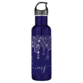 Moderne Elegante Marine Blauwe Glitter Druppelen Waterfles