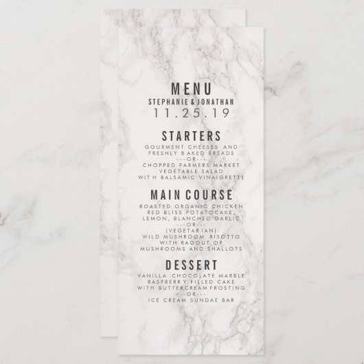 Moderne elegante marmeren bruiloft menu (Voorkant / Achterkant)