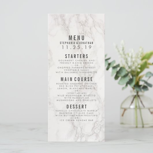 Moderne elegante marmeren bruiloft menu (Staand voorkant)