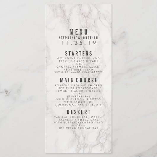 Moderne elegante marmeren bruiloft menu (Voorkant)