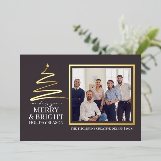 Moderne Elegante Merry Bright Team Foto Kerstmis Folie Feestdagenkaart (Staand Voorkant)
