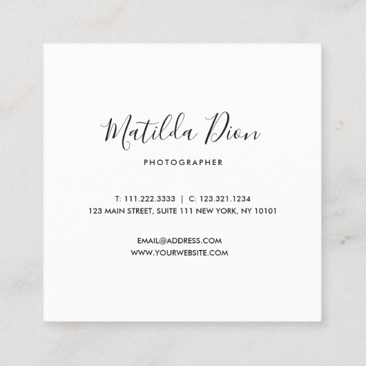Moderne, elegante minimale en eenvoudige fotografi vierkante visitekaartje (Achterkant)