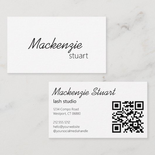 Moderne Elegante Minimale Haar QR Code Script Visitekaartje (Voorkant / Achterkant)