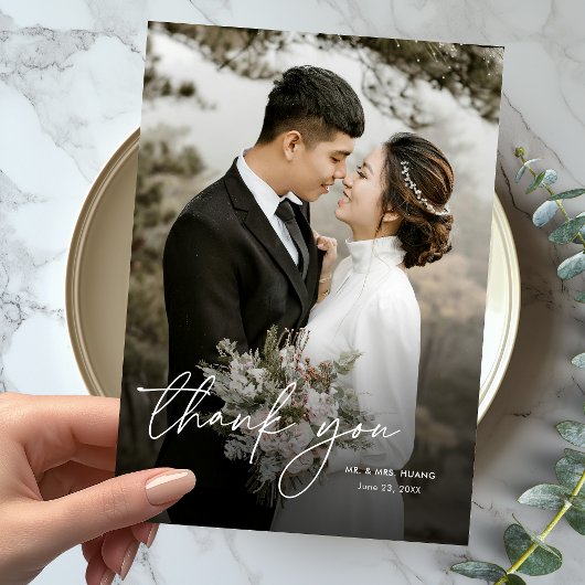 Moderne Elegante Minimale Verticale Fotobruiloft Bedankkaart