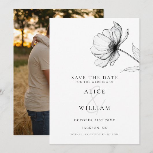 Moderne Elegante Minimalistische Bloemen Fotobruil Save The Date (Voorkant / Achterkant)