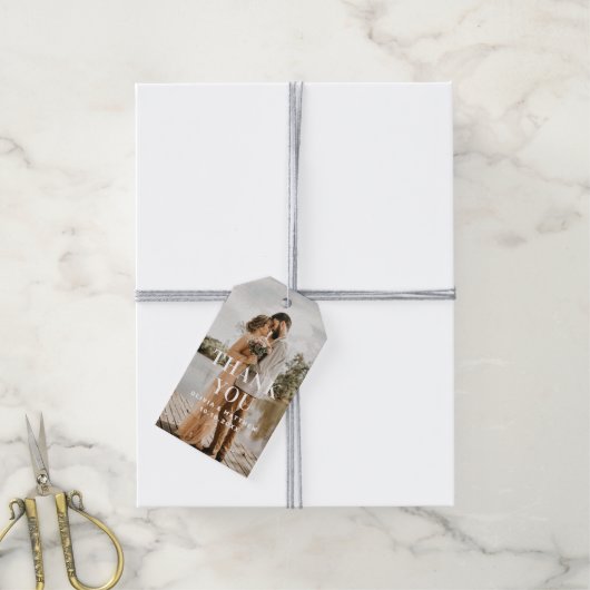 Moderne elegante minimalistische foto bruiloft dan cadeaulabel (Met Touw)
