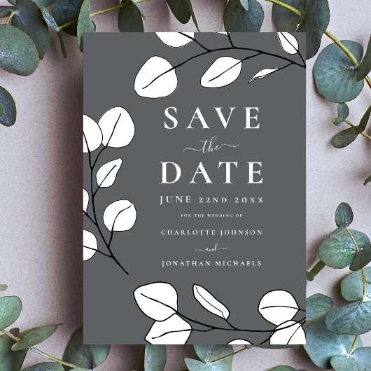 Moderne Elegante Minimalistische Leaf Grey Bruilof Save The Date