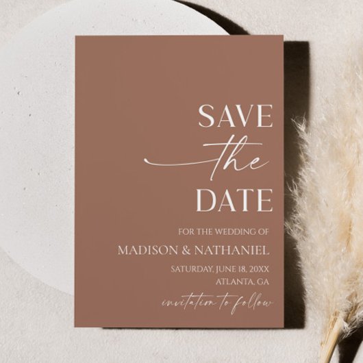 Moderne elegante minimalistische Mocha Mousse brui Save The Date
