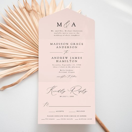 Moderne Elegante Monogram Blush Wedding All In One Uitnodiging