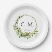 Moderne, elegante monogram, eucalyptusbruiloft papieren bordje (Voorkant)