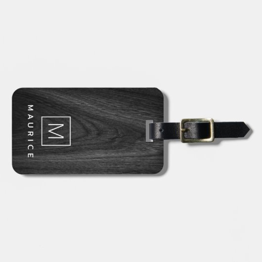 Moderne elegante monogram initiaal naam zwart hout bagagelabel (Voorkant horizontaal)