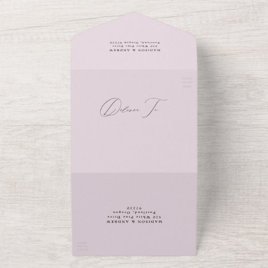 Moderne Elegante Monogram Lavendel Wedding All In One Uitnodiging (Buitenkant)