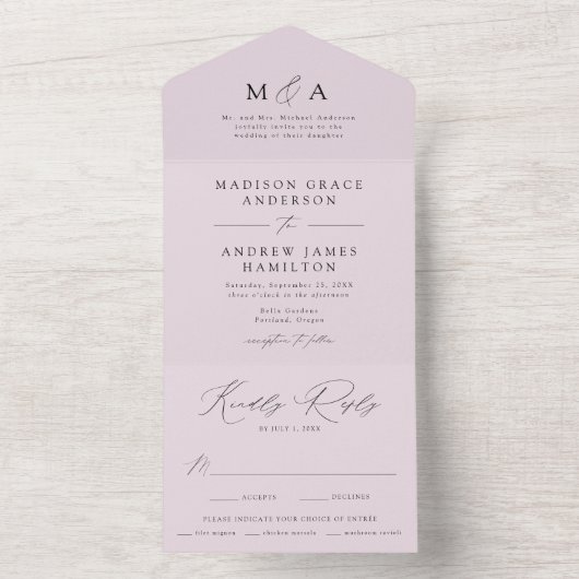 Moderne Elegante Monogram Lavendel Wedding All In One Uitnodiging (Binnen)