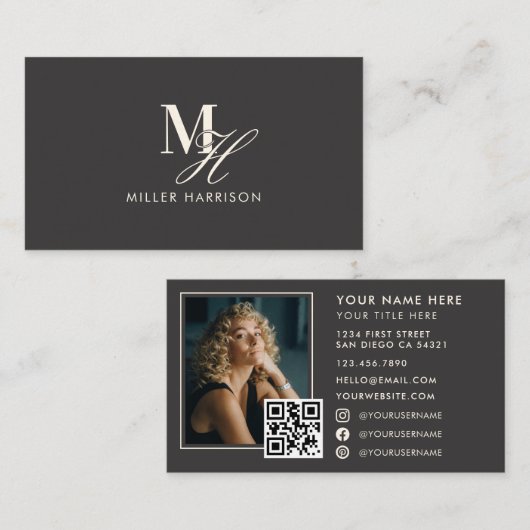 Moderne Elegante Monogram Luxe Foto QR Code Visitekaartje (Voorkant / Achterkant)