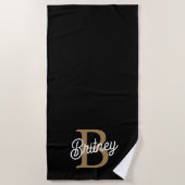 Moderne Elegante Monogram Naam Zwart Goud Schrift Strandlaken (Voorkant)